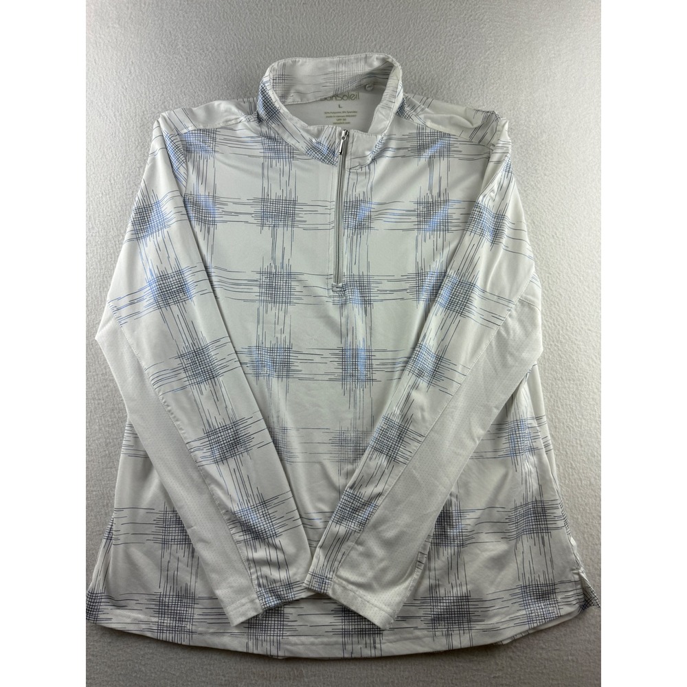 SanSoleil SolCool Women L White Blue Grid UPF 50 Quarter Zip Golf Sun Shirt
